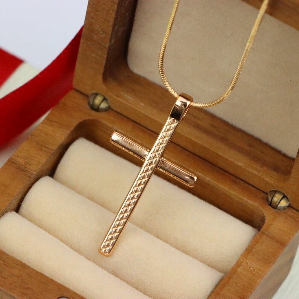 "Elegant Long Cross Rose Gold Pendant with Diamond Pattern Design, XPPT1601 - Picture 7 of 13